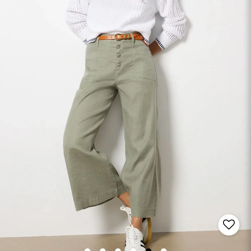 Evereve Joelle Stretch Linen Olive Wide-Leg Crop Pants - Picture 1 of 15
